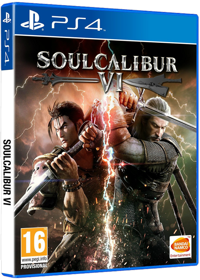 Portada del juego Soulcalibur VI para PS4. Dos personajes con espadas sobre fondo oscuro.
