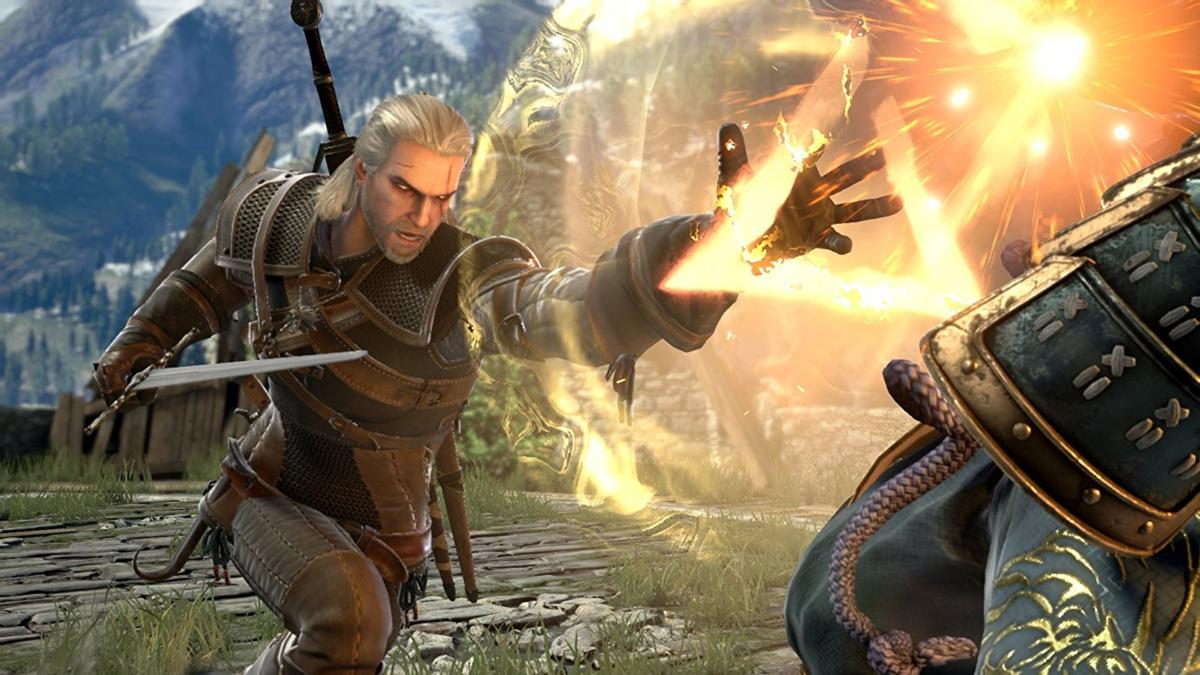 Una escena de videojuego. Un hombre con una espada lucha contra un hombre con armadura. Brilla una luz brillante.