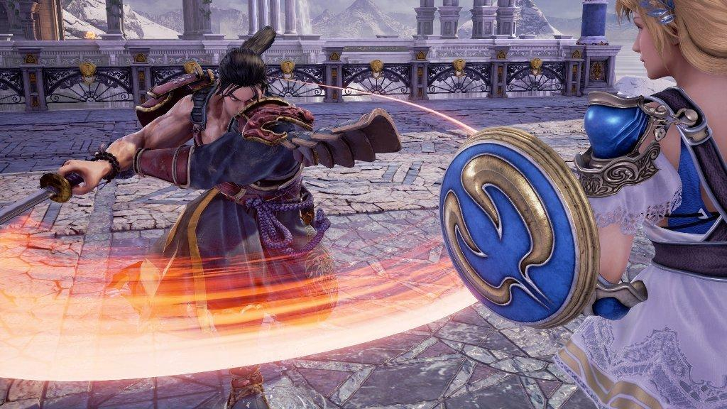 Escena de videojuego, dos personajes luchando con espadas y escudo.