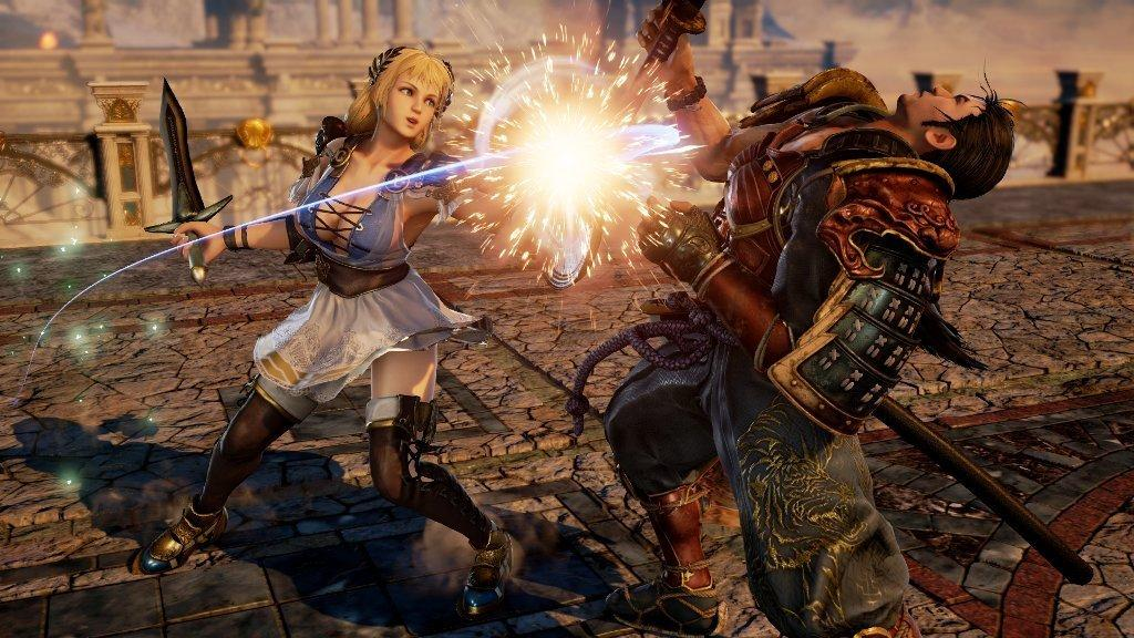 Una escena de videojuego con dos personajes luchando. Una mujer con un vestido lucha contra un hombre con un arma. Efecto de luz.
