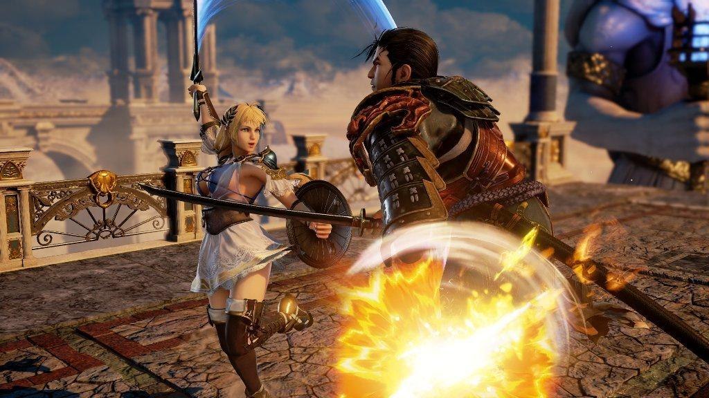 Una escena de juego de dos personajes luchando con espadas en un balcón.