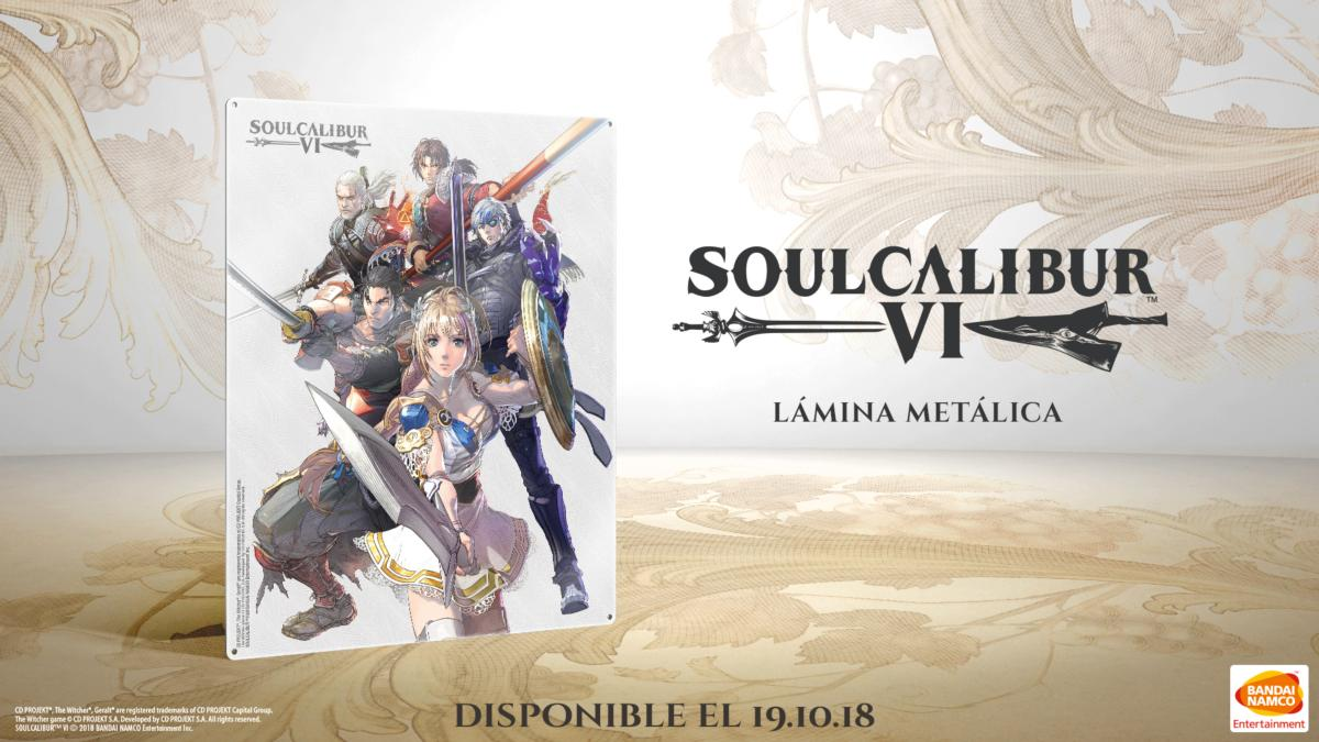 Lámina metálica con arte de 'Soulcalibur VI', mostrando personajes del juego, con texto y logotipos.