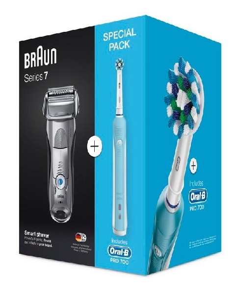 Pack - Afeitadora Braun Serie 7 7893S + Cepillo Oral B pro 500, Wet & Dry, 5 modos, Flexible,
