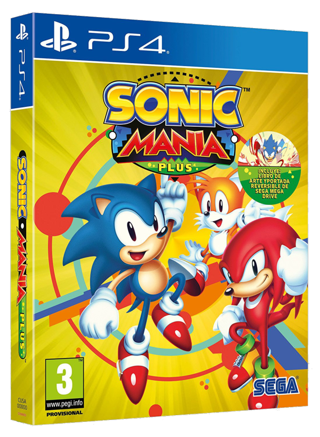 Portada del juego Sonic Mania Plus PS4. Sonic, Tails y Knuckles sobre fondo amarillo.