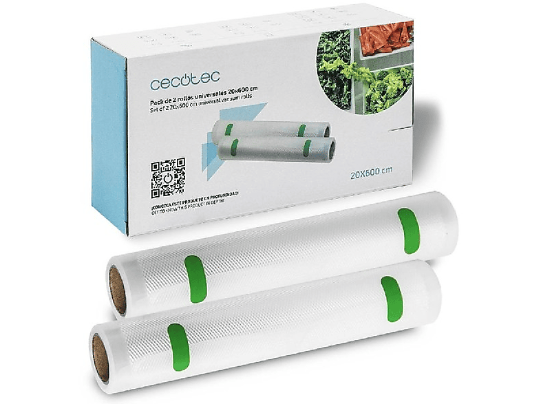 Rollo para envasadora - Cecotec, Pack de 2 rollos 20cm x 6m, Universales, Libres BPA