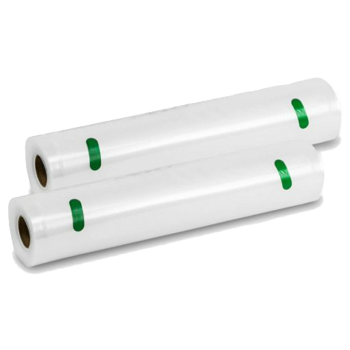 Dos rollos de bolsas de sellado al vacío de plástico transparente con etiquetas verdes. Enrollados sobre blanco.