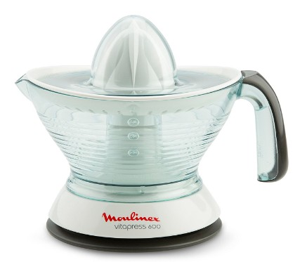 Una exprimidora de cítricos Moulinex blanca y azul.