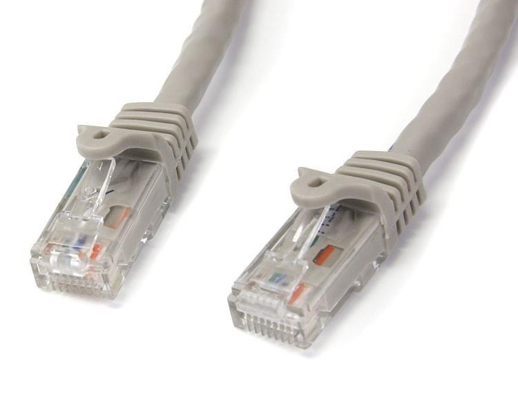 Dos cables de red grises con conectores transparentes y pines visibles. Fondo blanco.