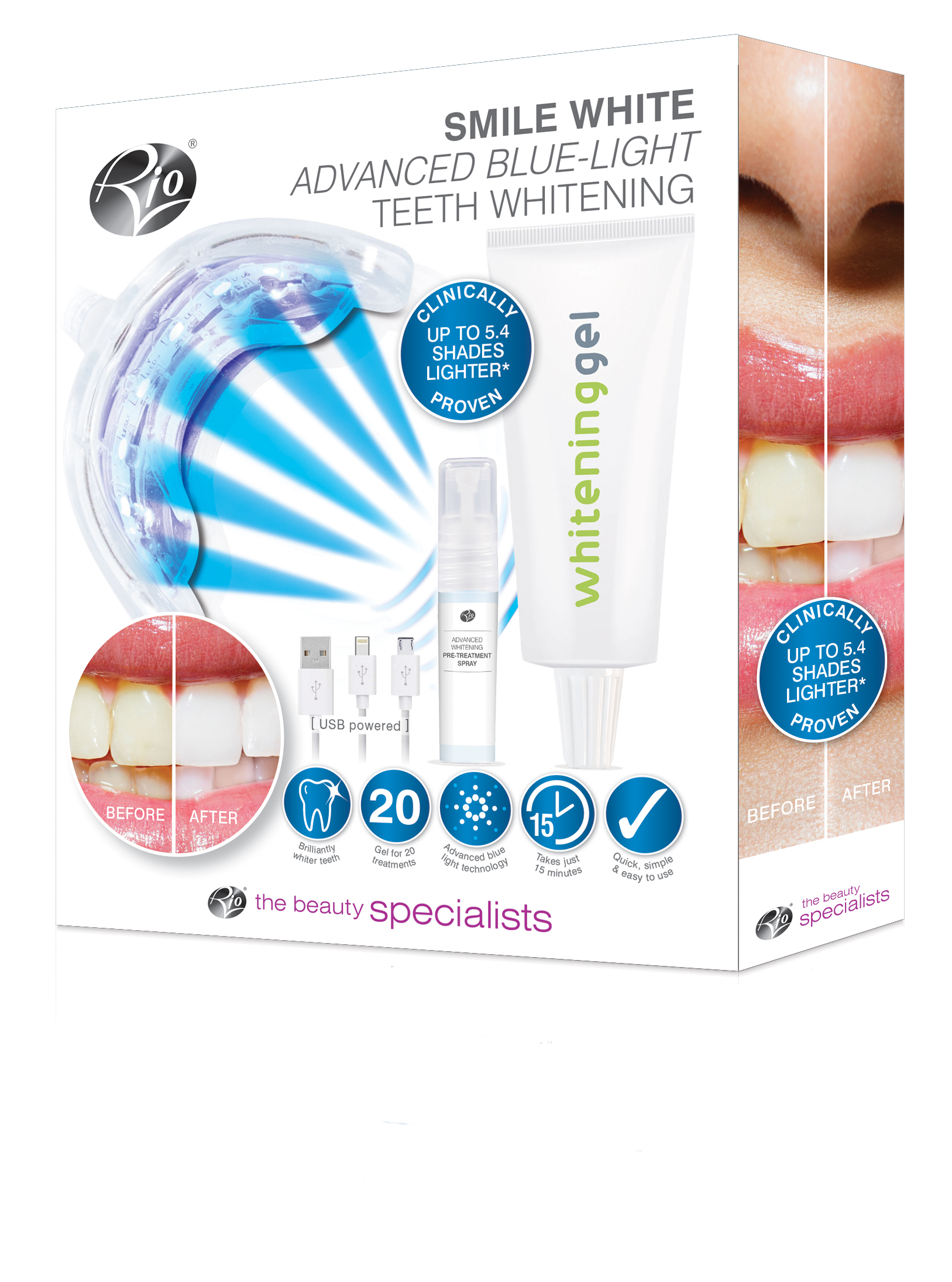 Box of teeth whitening kit. Includes gel, light, and before/after images.