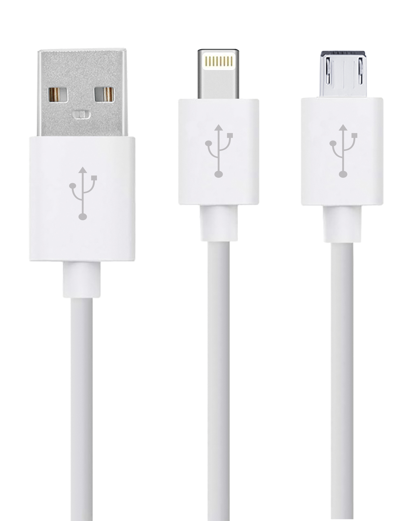 Three white USB cables with different connectors: USB, Lightning, and Micro USB.