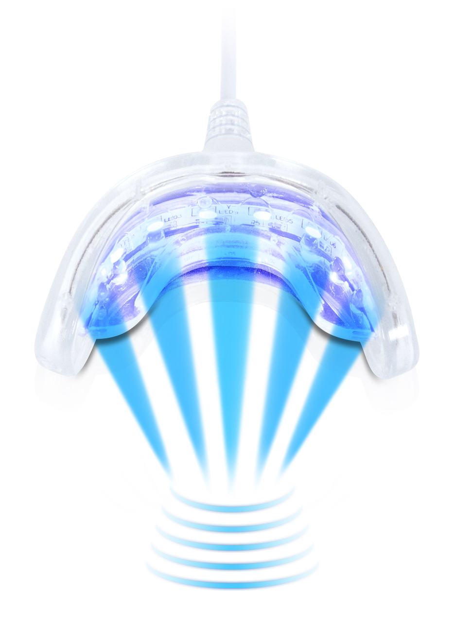 A clear teeth whitening device with blue lights and a white background.