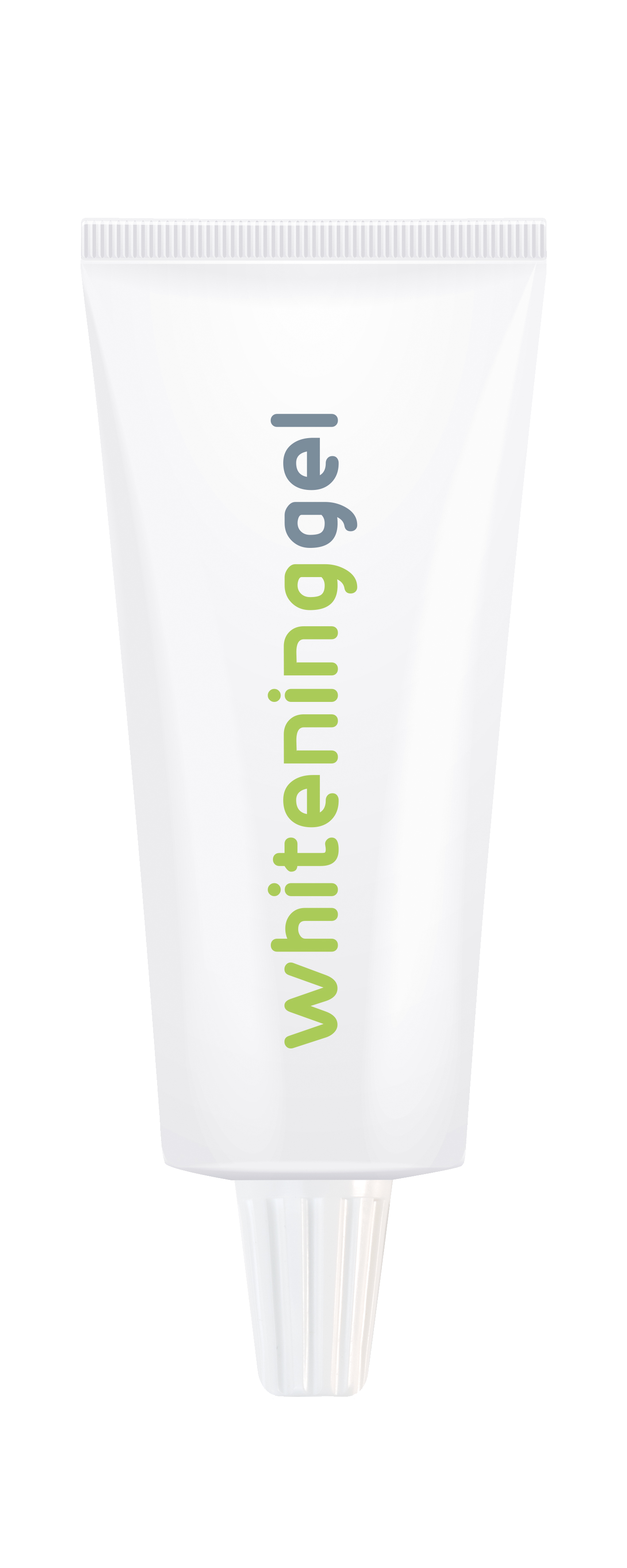 White tube of whitening gel with green lettering, the product name.