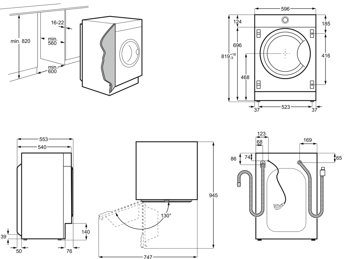Diagrama de una lavadora, con dimensiones, vistas y guía de instalación.