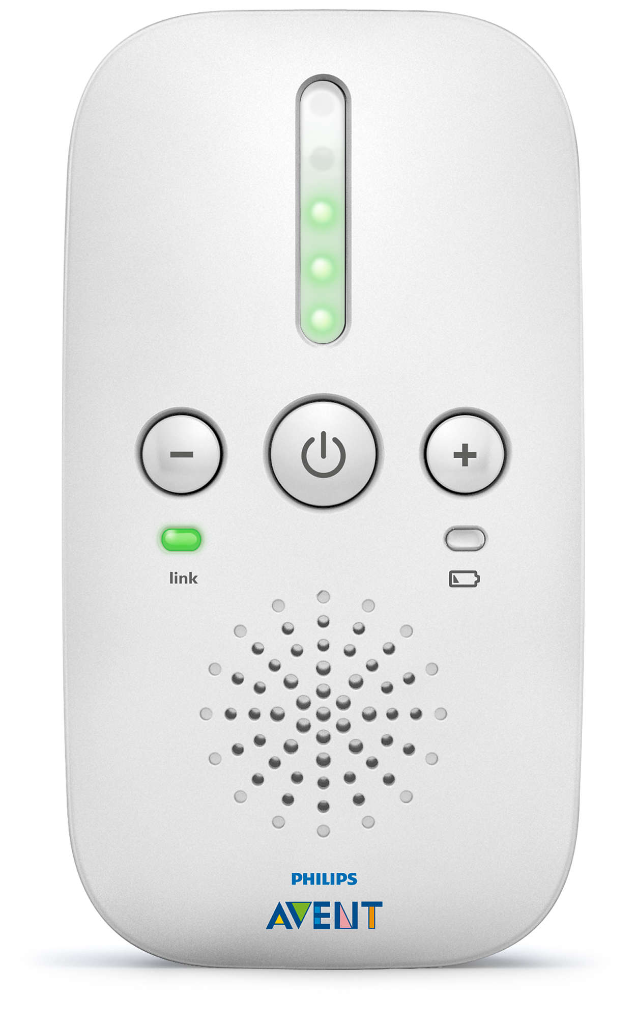 Weißes Babyphone mit Knöpfen und Kontrollleuchten. Hat einen Lautsprechergrill auf der Vorderseite.