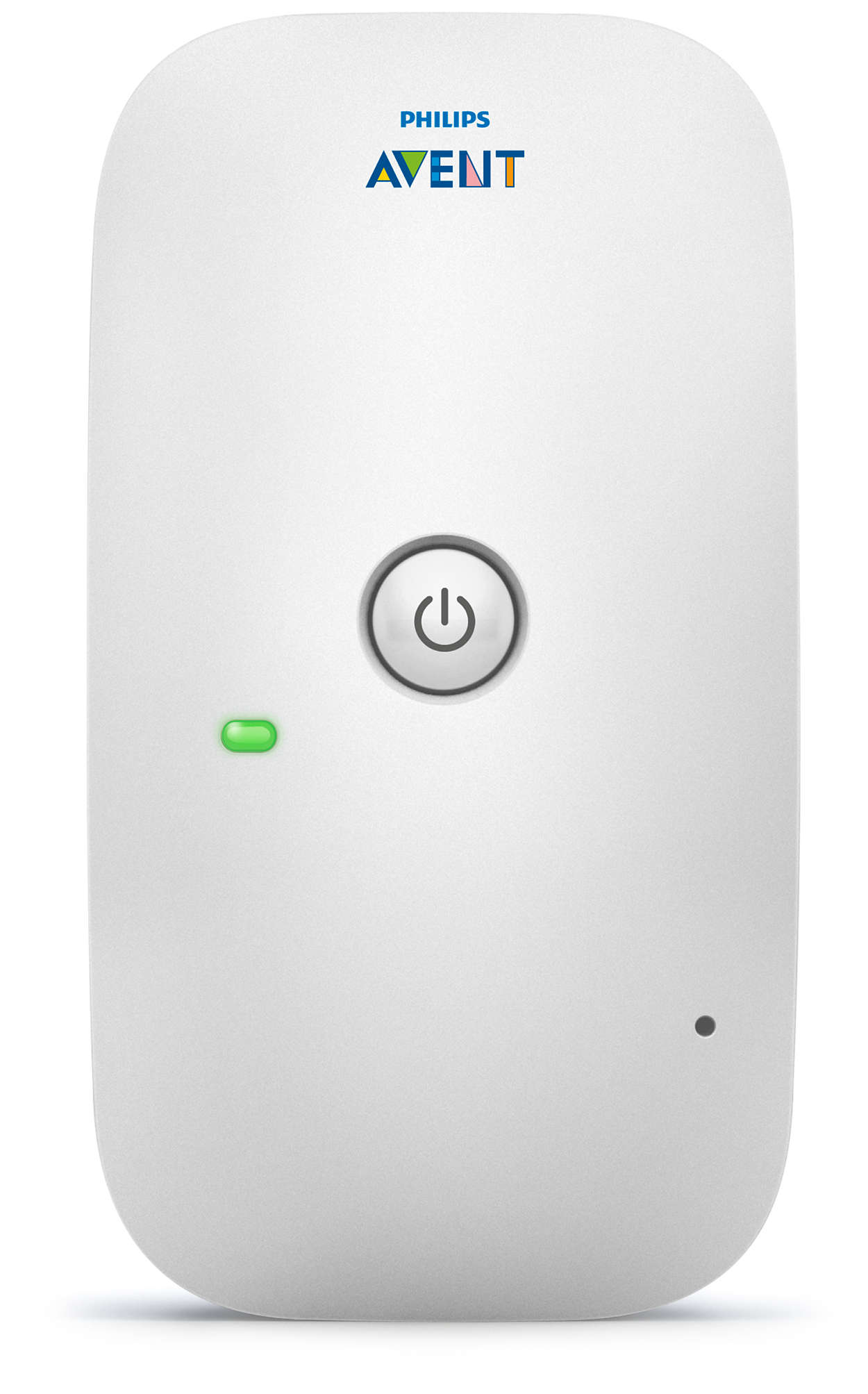 Weißes Philips Avent Gerät mit Ein-/Aus-Taste, grünem Licht und Avent Logo.
