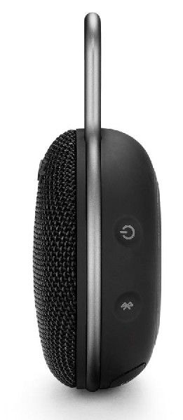 Un altavoz portátil JBL negro. Tiene un botón de encendido/apagado y Bluetooth.