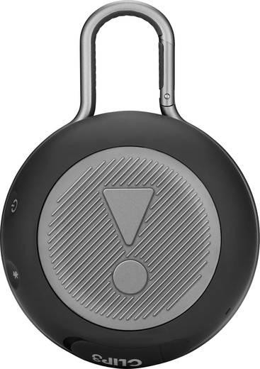 Un altavoz JBL Clip 3 negro con rejilla plateada y mosquetón.