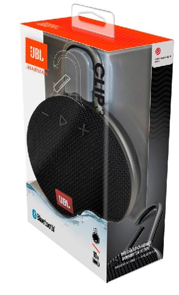 Altavoz JBL Clip 3 negro en caja transparente. Incluye Bluetooth. Logotipo JBL rojo. Gancho gris.
