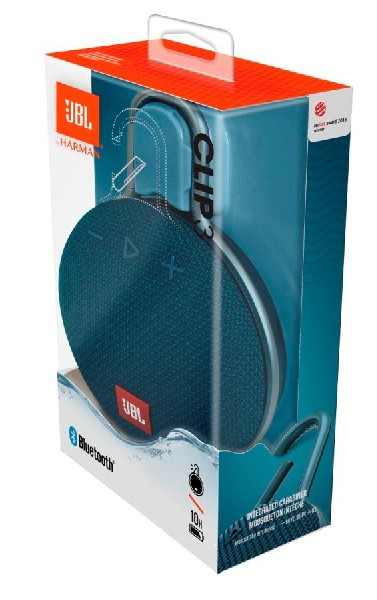 Altavoz inalámbrico - JBL Clip 3 Blue, 3 W, Bluetooth, IPX7, Micrófono, Mosquetón, Azul