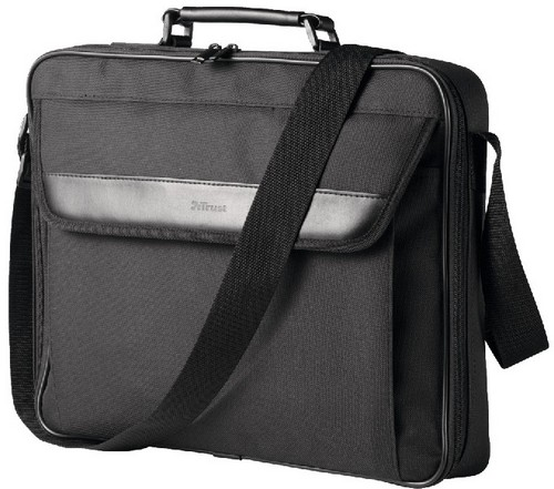 Bolso para portátil negro con asa, bandolera y bolsillo frontal con tira de cuero.