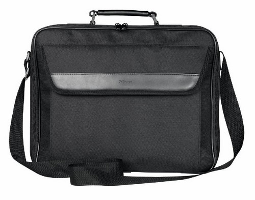 Bolsa para portátil negra con asa, bandolera y un bolsillo frontal. Tiene el logotipo de Trust.
