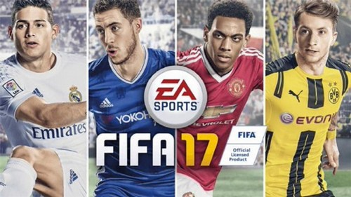 Portada de FIFA 17 con cuatro futbolistas y el logo de EA Sports.