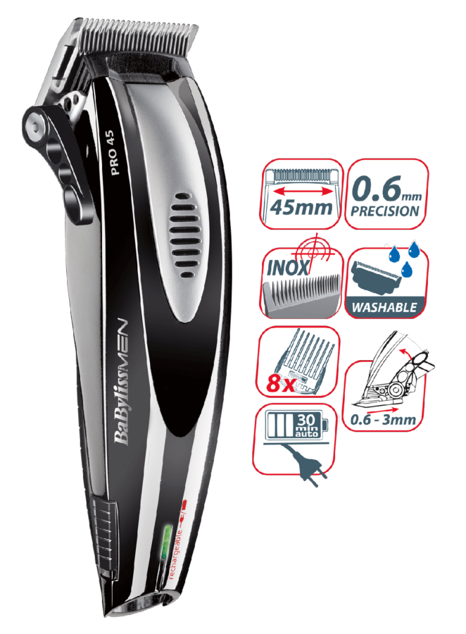 Cortapelos - Babyliss E 956 E PRO 45, Cuchillas desmontables, 8 guías de corte