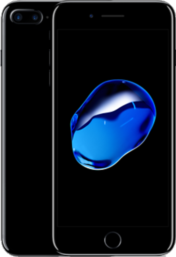 Un iPhone 7 Plus negro con una mancha azul en la pantalla, mostrando la parte trasera y delantera.