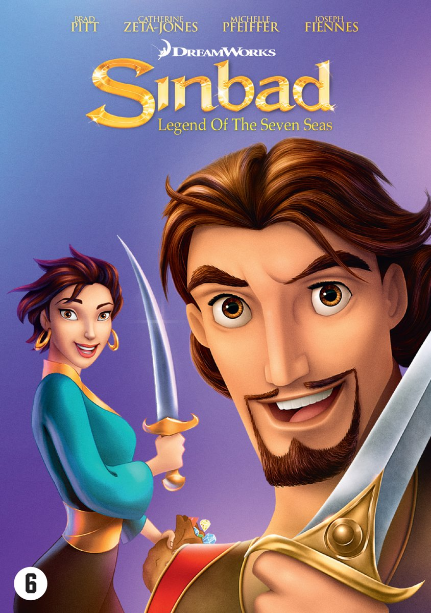 Sinbad geanimeerde dvd-hoes. Toont Sinbad, een vrouw en tekst. De achtergrond is een paarse gradiënt.