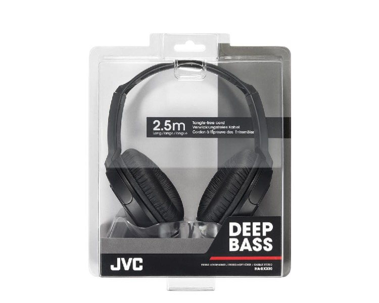 Auriculares JVC negros en un paquete de plástico transparente, con texto en la parte delantera.