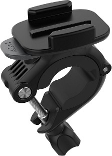 Montura negra GoPro para bicicleta. Incluye una abrazadera, un tornillo y una placa de montaje.
