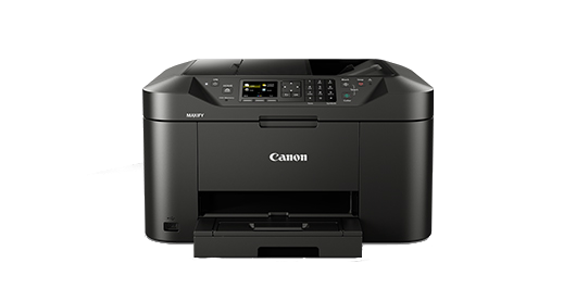 Impresora Canon negra. Tiene escáner y bandeja de papel.