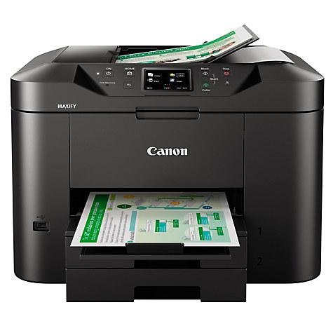 Impresora Canon MAXIFY negra con papeles y una pantalla, sobre un fondo blanco.