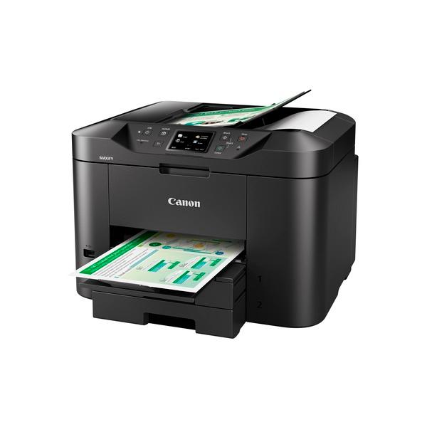 Impresora Canon negra con salida y entrada de papel, aislada.