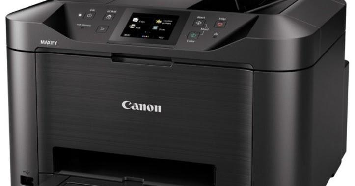 Impresora Canon MAXIFY negra con una pequeña pantalla y botones.