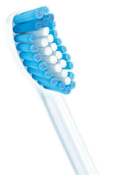 Un cabezal de cepillo de dientes con cerdas azules y blancas sobre un mango blanco.