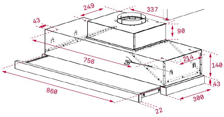 Diagrama de una campana extractora, con dimensiones en milímetros indicadas por flechas y números.