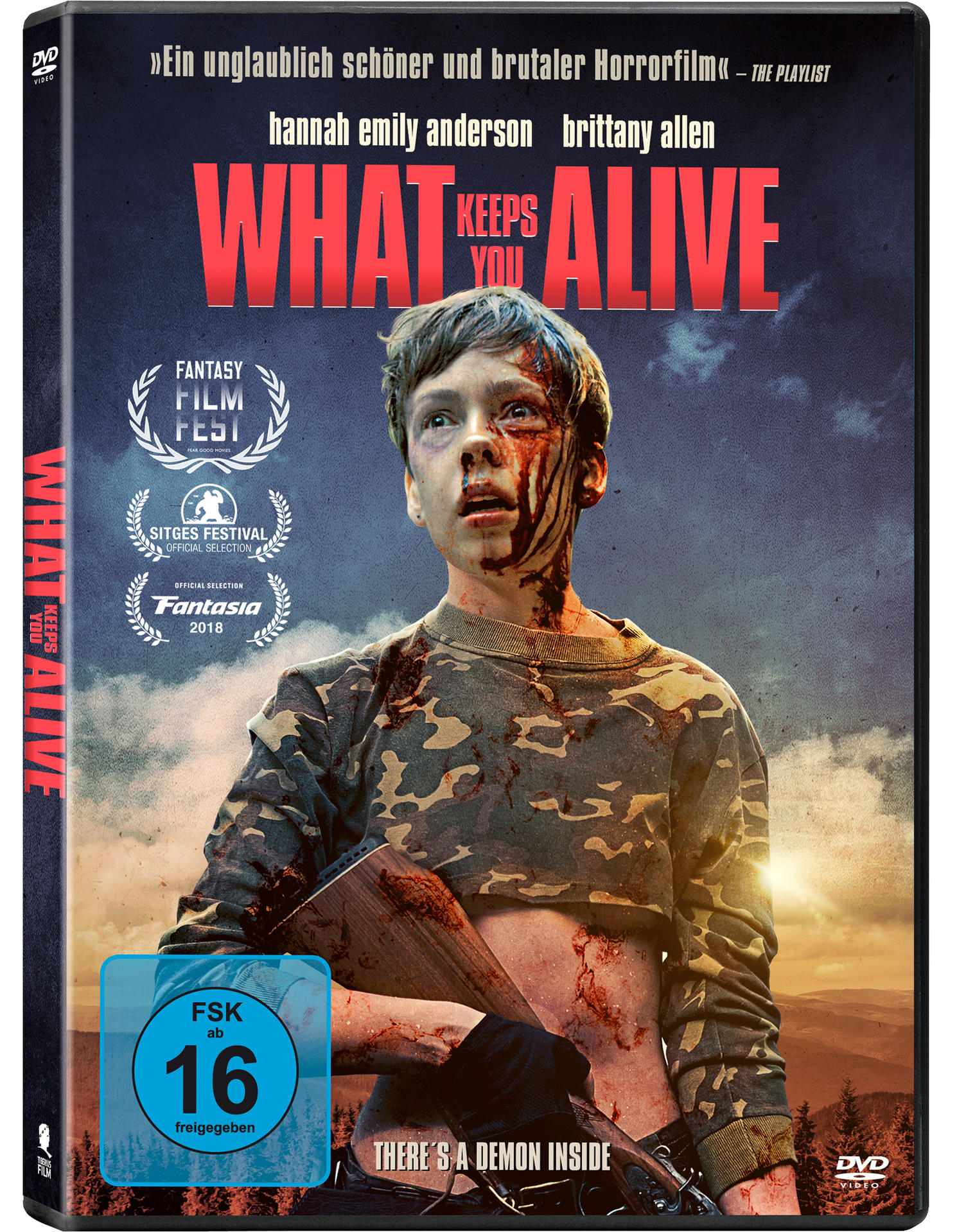 DVD-Cover für What Keeps You Alive. Eine Person mit blutverschmiertem Gesicht und Oberkörper hält eine Waffe. Text: What Keeps You Alive.