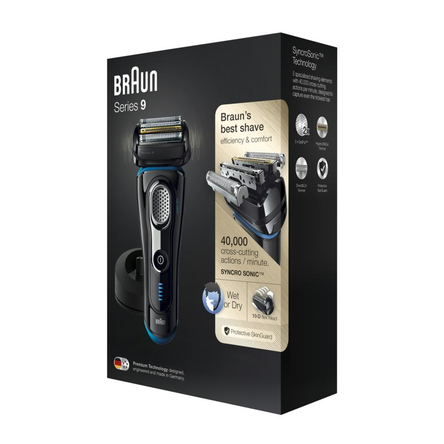 Afeitadora - Braun Series 9 9240s, Wet&Dry, Cinco elementos de corte, Base de carga, Negro y azul