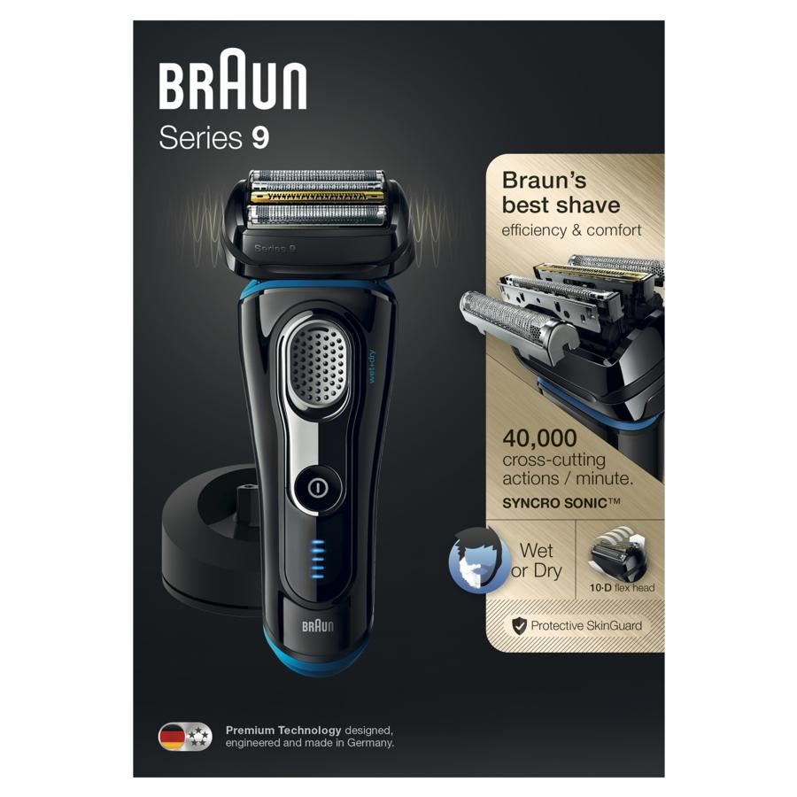 Afeitadora - Braun Series 9 9240s, Wet&Dry, Cinco elementos de corte, Base de carga, Negro y azul