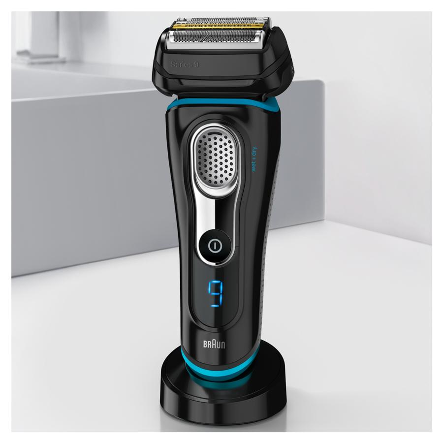 Afeitadora - Braun Series 9 9240s, Wet&Dry, Cinco elementos de corte, Base de carga, Negro y azul