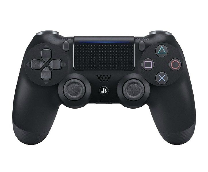 Controlador negro de PlayStation 4 con botones y dos palancas analógicas.