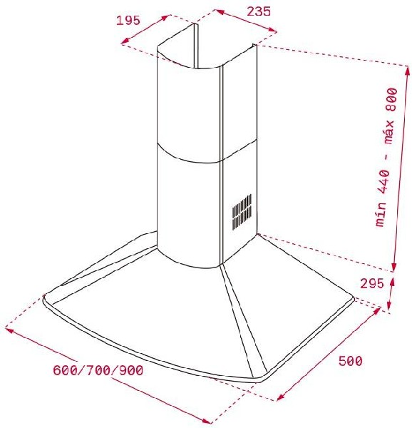 Diagrama de una campana extractora de cocina con dimensiones indicadas en mm.