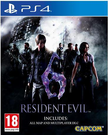 Portada del juego de PS4 para Resident Evil 6. Los personajes están frente a una ciudad.