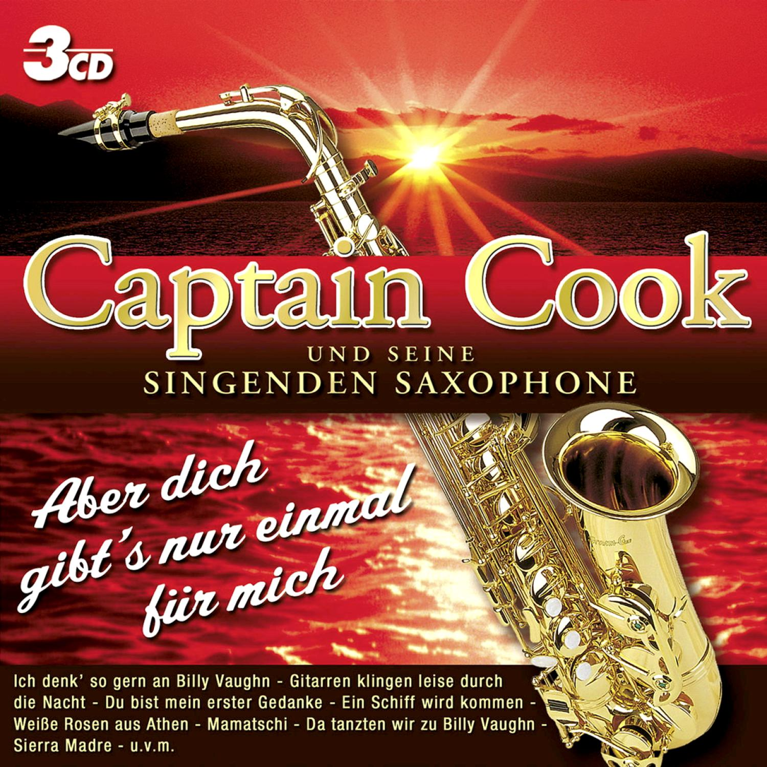 Albumcover mit goldenem Saxophon und Sonnenuntergang. Der Titel lautet 'Captain Cook' und 'Singenden Saxophone'.