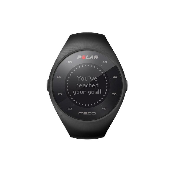 Reloj inteligente Polar M200 negro con texto 'You've reached your goal!'