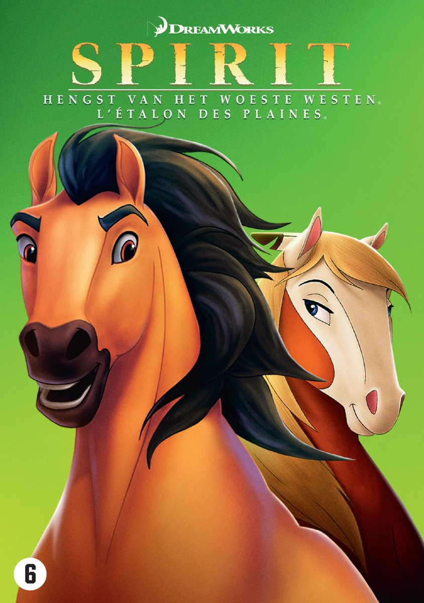 DVD-hoes voor Spirit, een paardenanimatie. Twee paarden op een groene achtergrond. Tekst overlay.