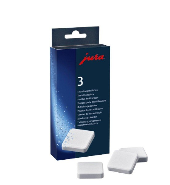 Caja de tabletas descalcificadoras Jura, caja azul con tabletas blancas.