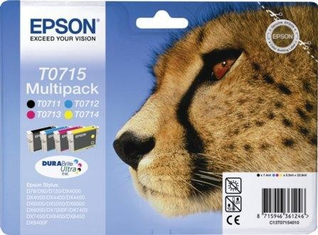 Cartucho de tinta Epson T0715 multipack. Cara de guepardo en el lado derecho. Fondo azul y blanco.