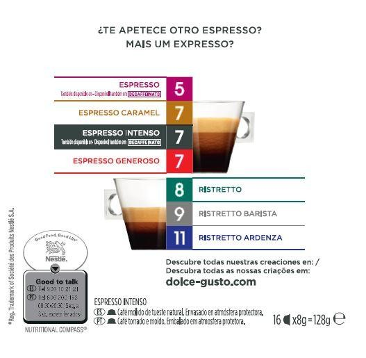Tarjeta impresa colorida con opciones de café y logotipo de Dolce Gusto.